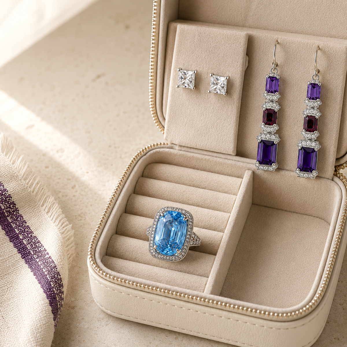 Myraé princess-cut studs, purple gemstone drop earrings and a blue statement ring in an ivory travel jewellery case