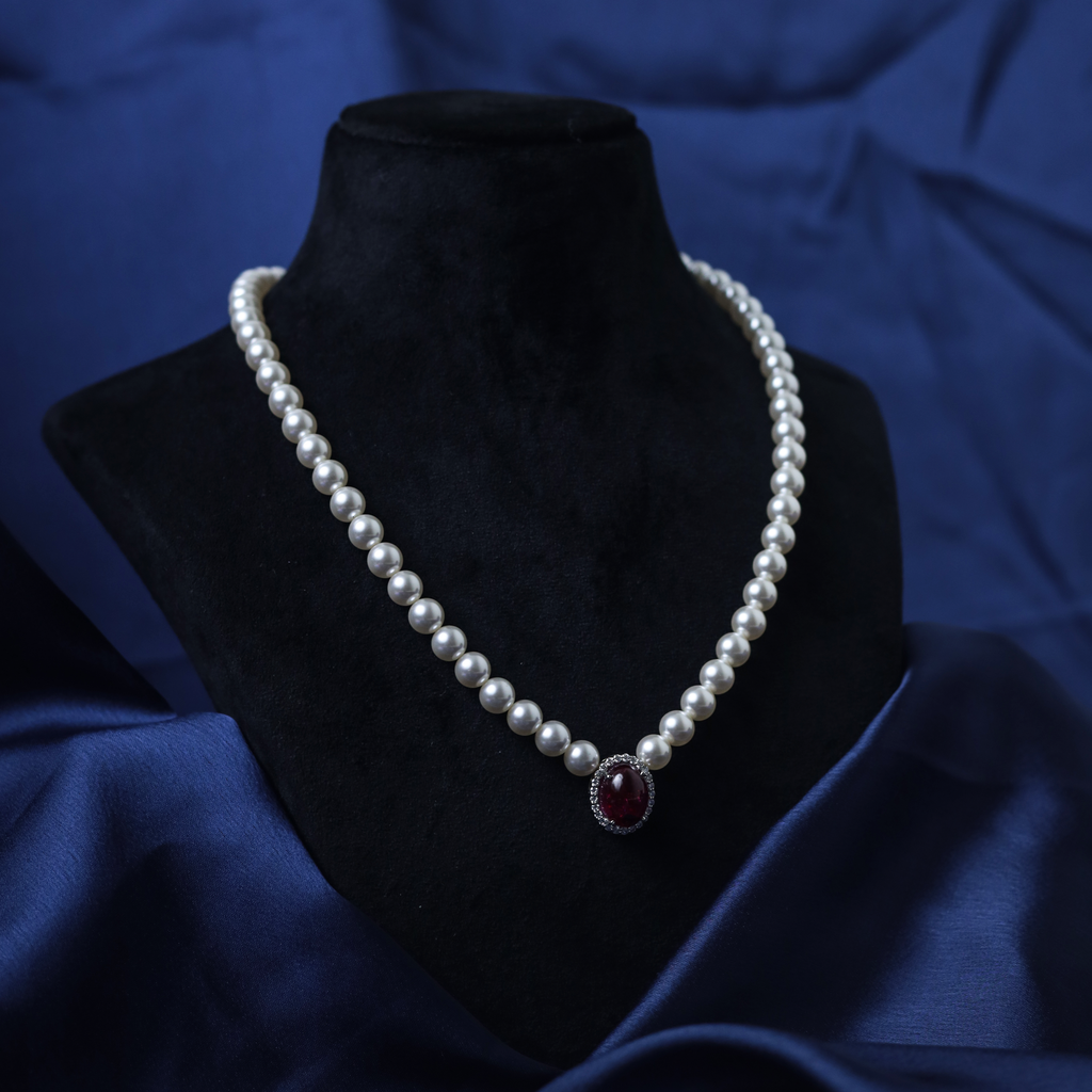 Royal Ruby Pearl Necklace – Side View – Silver Moissanite – Myraé