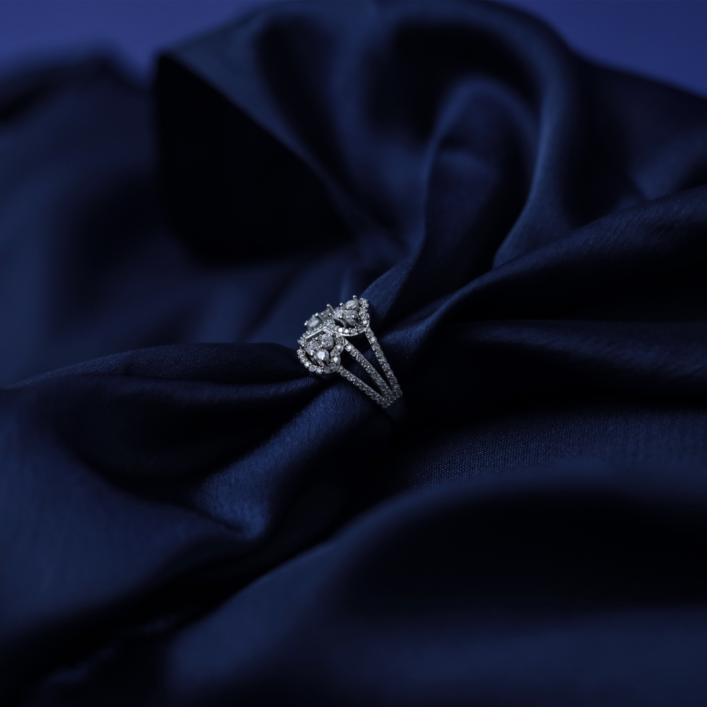 Marquise Leaf Cluster Ring – Side View – Silver Moissanite – Myraé