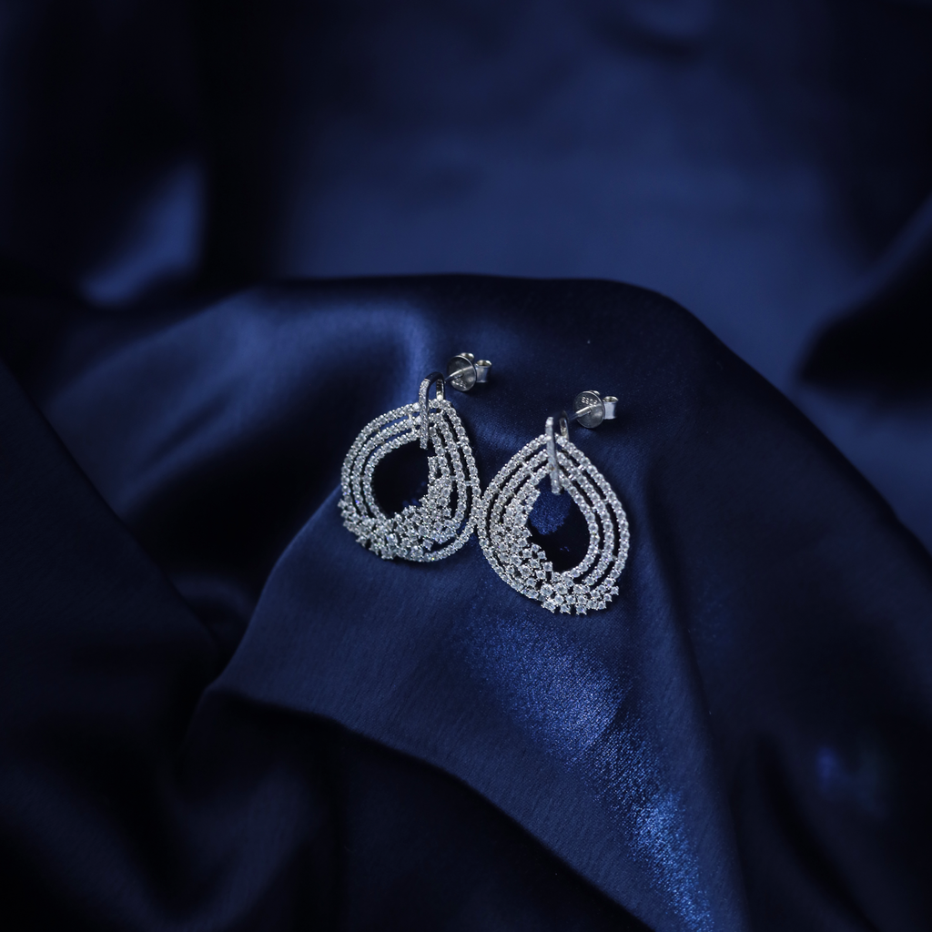 Grand Chandelier Earrings – Side View – Silver Moissanite – Myraé