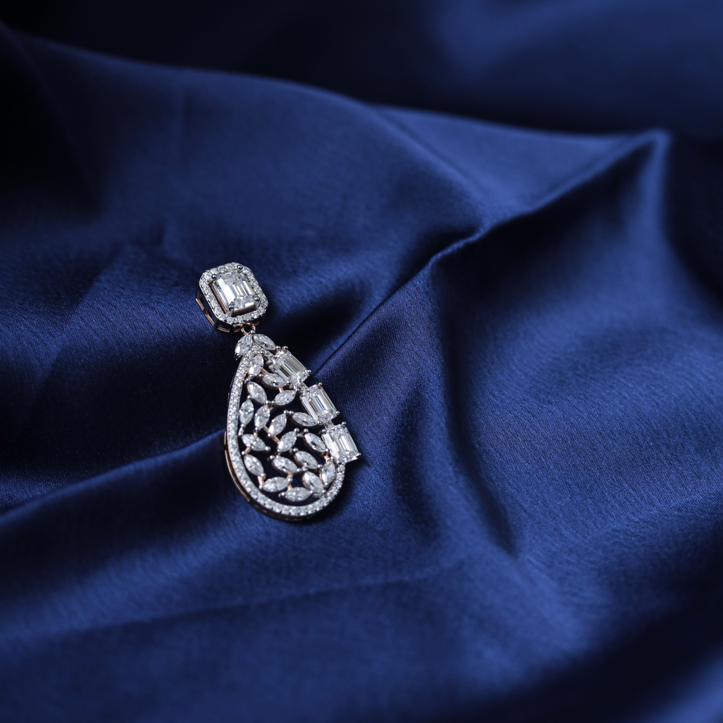 Royal Pear Drop Earrings – Detail View – Silver Moissanite – Myraé