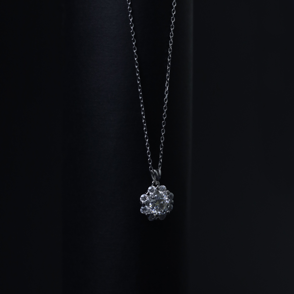 Wildflower Pendant – Detail View – Sterling Silver Moissanite – Myraé