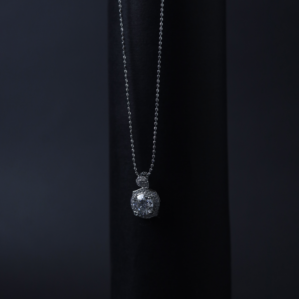 Cushion Grace Pendant – Front View – Sterling Silver Moissanite – Myraé