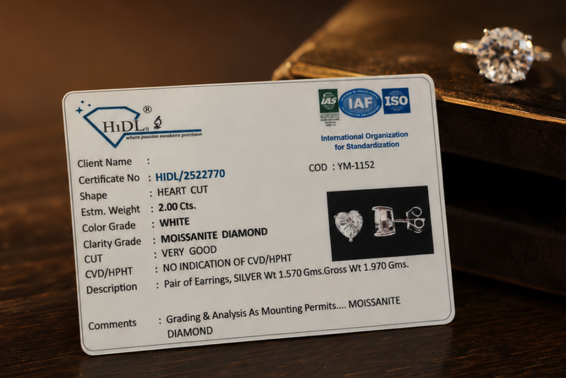 Sample HIDL certificate showing moissanite grading details