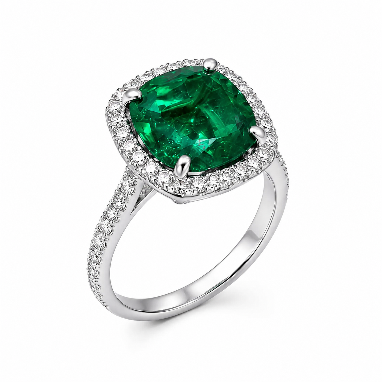 Emerald Cushion Halo Ring – Myraé
