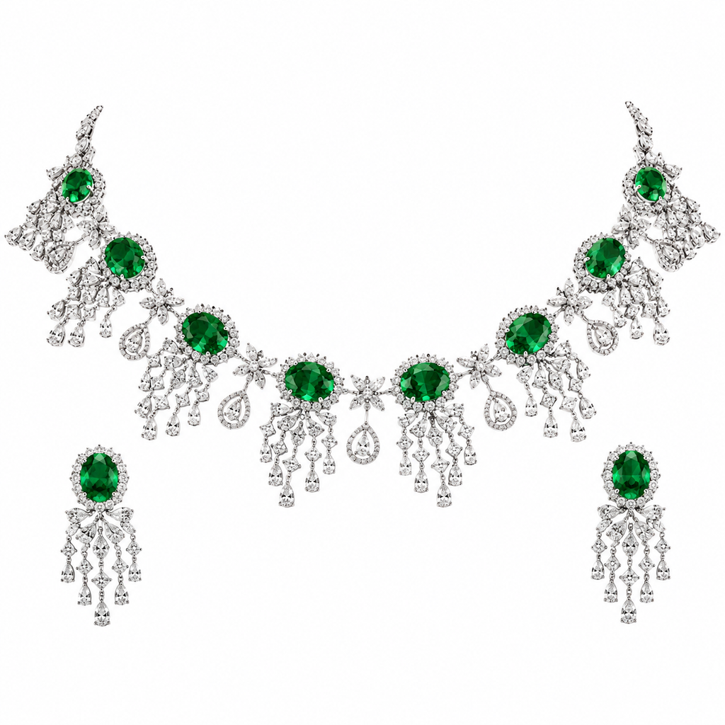 Emerald Fringe Chandelier Set in 925 sterling silver by Myraé