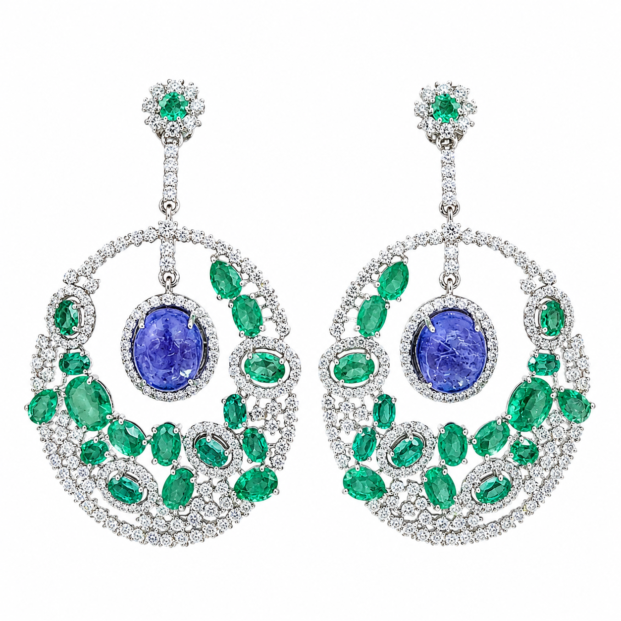 Tanzanite Cabochon Cascade Earrings, drop earrings, moissanite and 925 sterling silver, Myrae - oval cabochon tanzanite center with emerald and pave halo