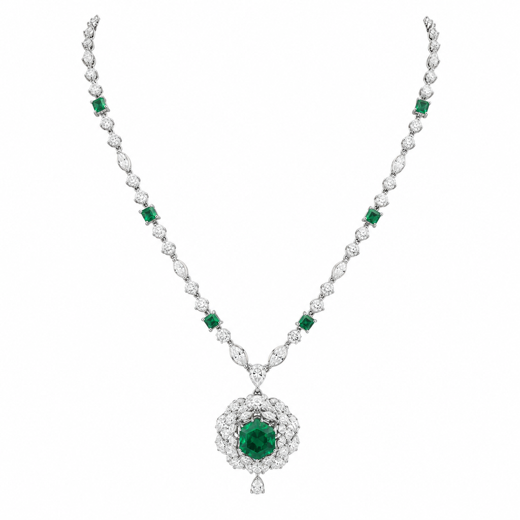 Emerald Bloom Pendant Necklace, necklace, moissanite and 925 sterling silver, Myrae - round emerald halo pendant with square emerald chain accents