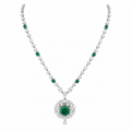Emerald Bloom Pendant Necklace, necklace, moissanite and 925 sterling silver, Myrae - round emerald halo pendant with square emerald chain accents