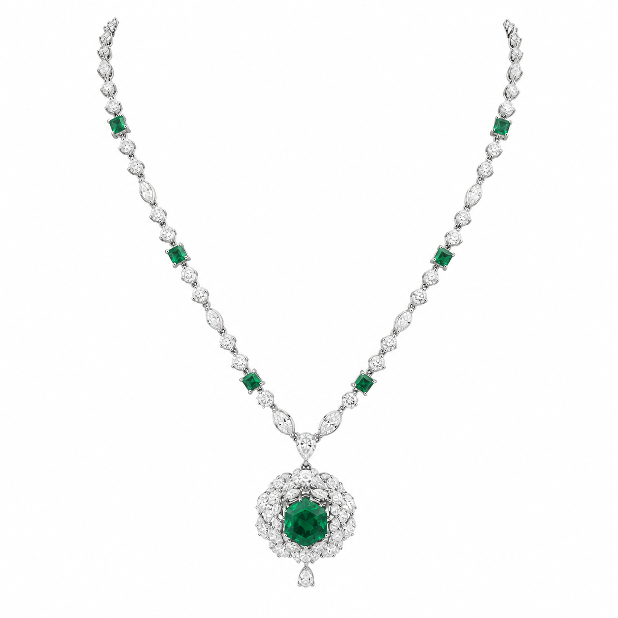 Emerald Bloom Pendant Necklace, necklace, moissanite and 925 sterling silver, Myrae - round emerald halo pendant with square emerald chain accents