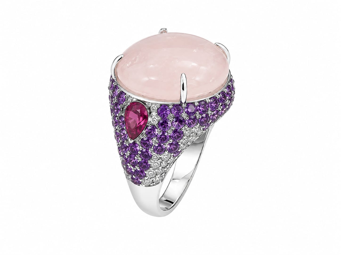 Rose Quartz Ruby Accent Ring in 925 sterling silver by Myraé