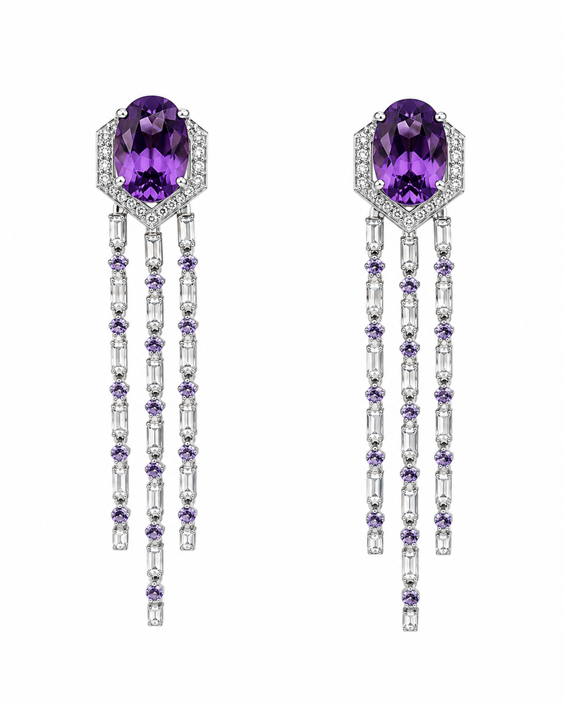 Amethyst Fringe Chandelier Earrings in 925 sterling silver by Myraé: Travel-Ready Curation