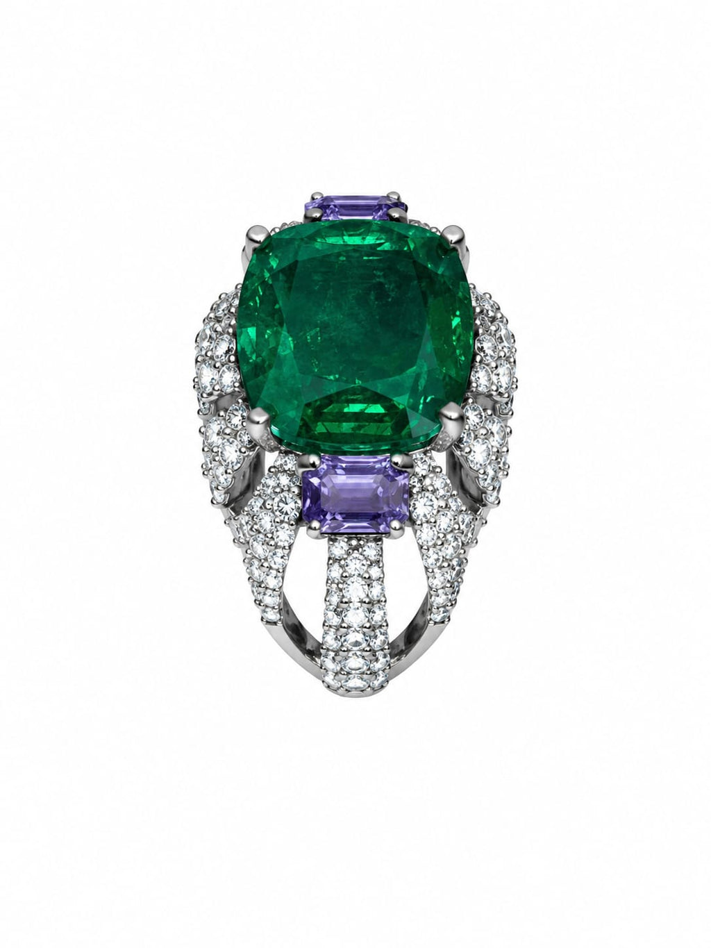 Cushion Emerald Sapphire Halo Ring in 925 sterling silver by Myraé