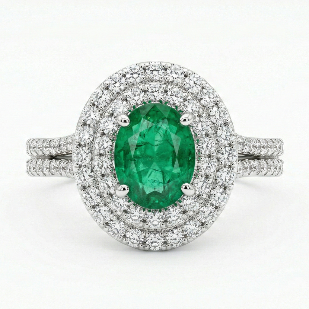 Royal Emerald Halo Ring – Silver Emerald Moissanite Halo Ring – Myraé