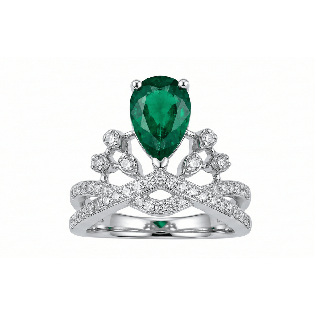 Crown Emerald Ring – Silver Crown Set Emerald Moissanite Ring – Myraé
