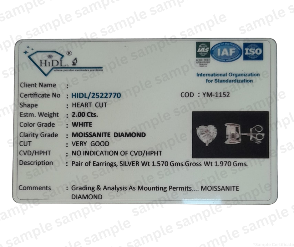 Myraé Moissanite Authenticity Certificate — each stone is lab-grown silicon carbide, certified genuine, included with every order