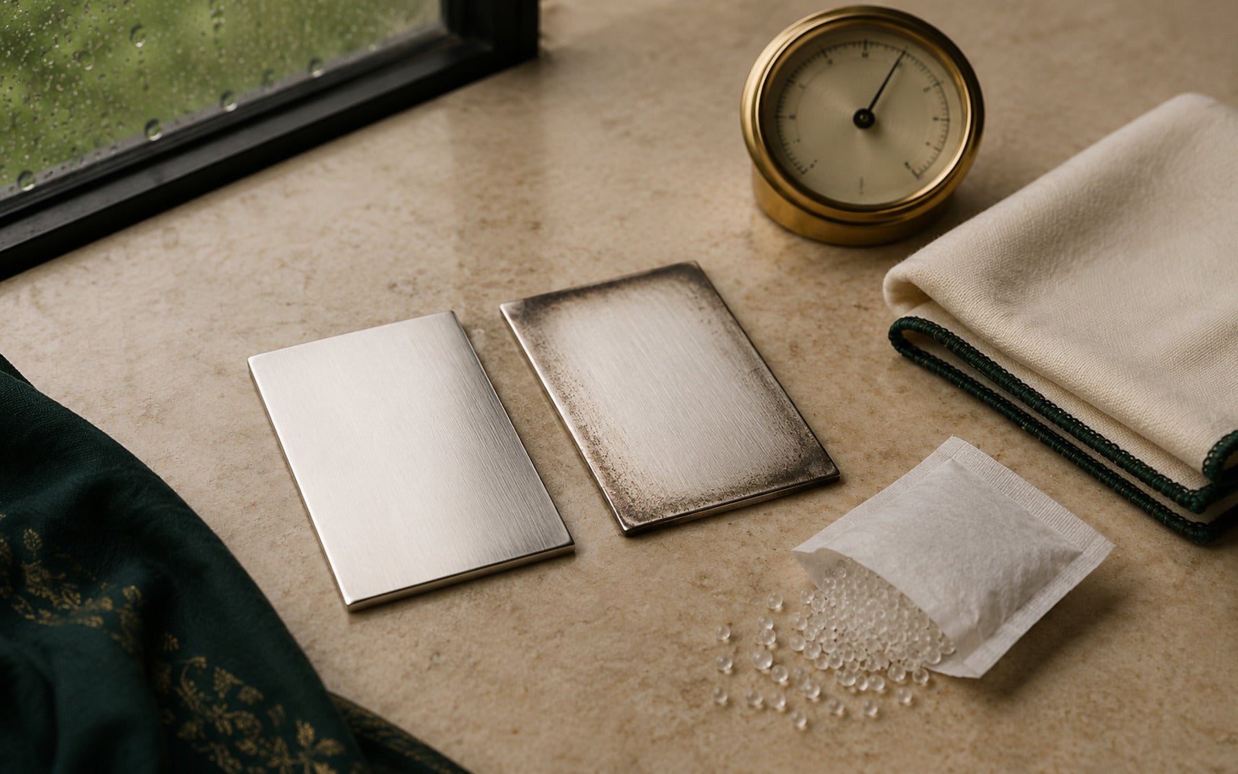 Bright and lightly tarnished silver samples with a polishing cloth and silica gel