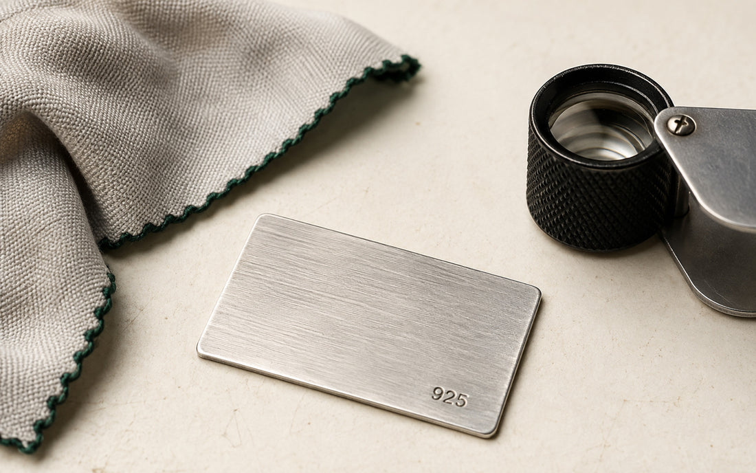 925 silver sample plate beside a jeweller’s loupe and polishing cloth